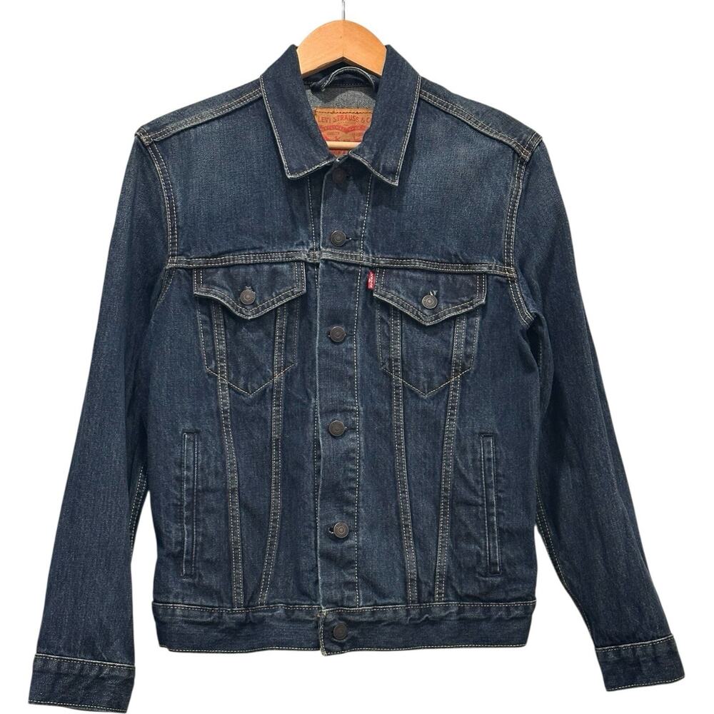 Levi's Women's Dark Wash Denim Jean Trucker Jacket Pockets Navy Blue Sz S